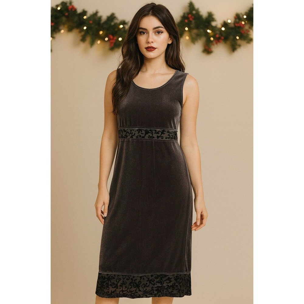 VTG Women’s Y2K Slip Dress Slinky Black Velvet Burnout Floral Sz Lg Whimsigoth